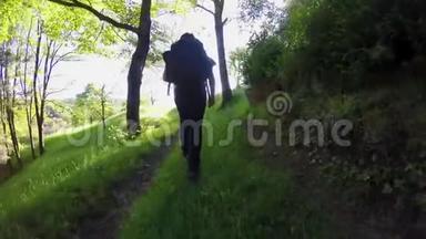 跟踪背包客徒步旅行者在野树林里散步。 徒步旅行或徒步旅行在户外绿色自然森林与